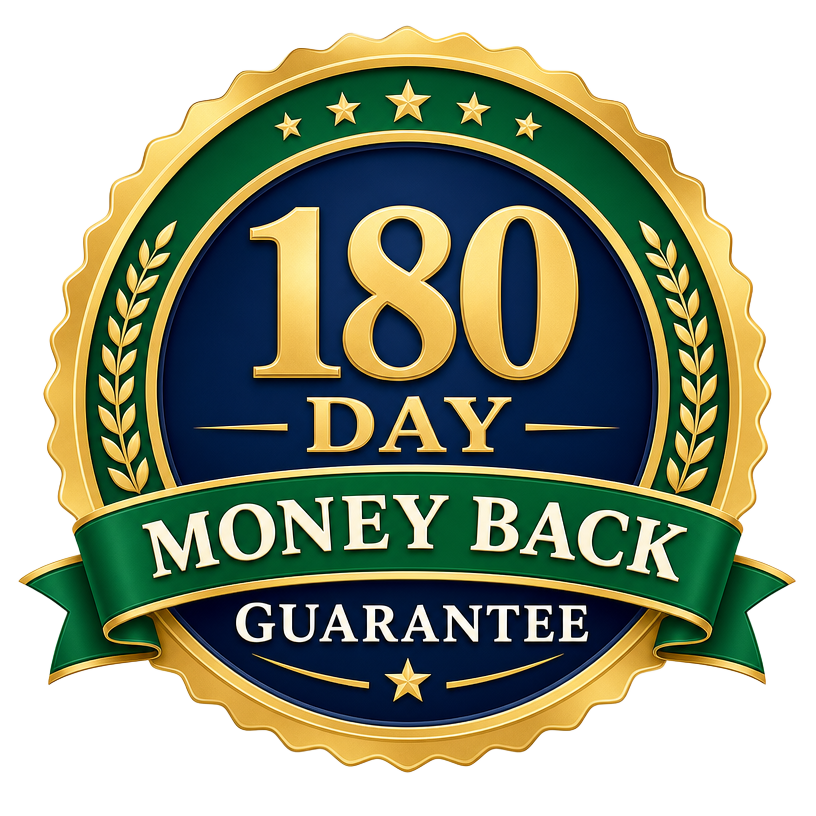 180-day money-back guarantee seal