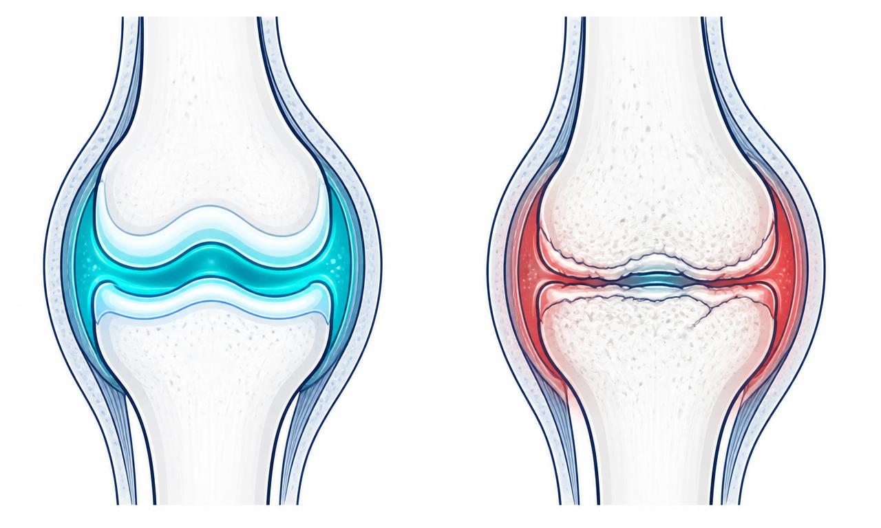 Medical comparison of a healthy lubricated knee joint versus a dehydrated joint with bone-on-bone friction